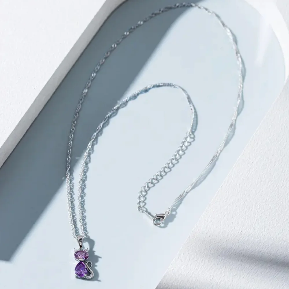 NEW Purple Cat Heart Necklace silver_2